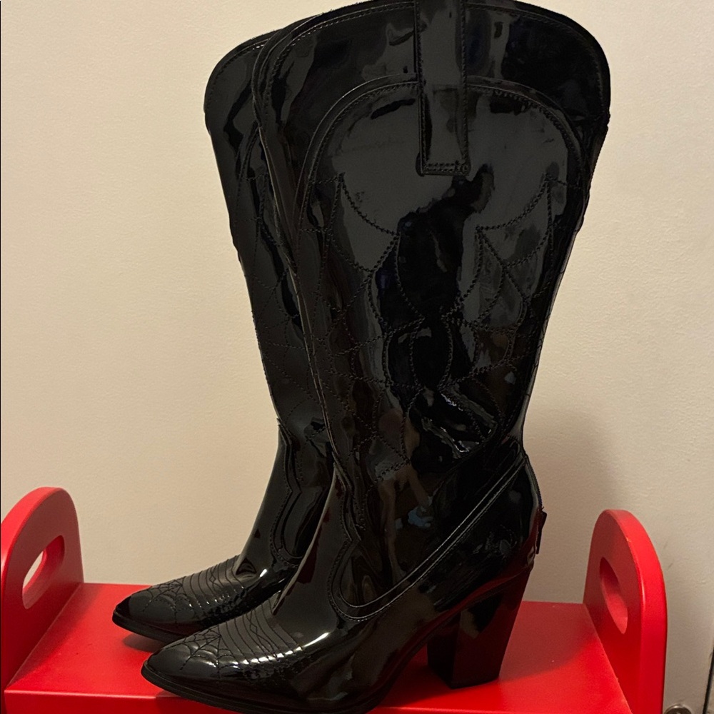 YRU Black Patent Leather Whimsigoth Web Stitching Women's Cowboy Boots sz 5 NIB